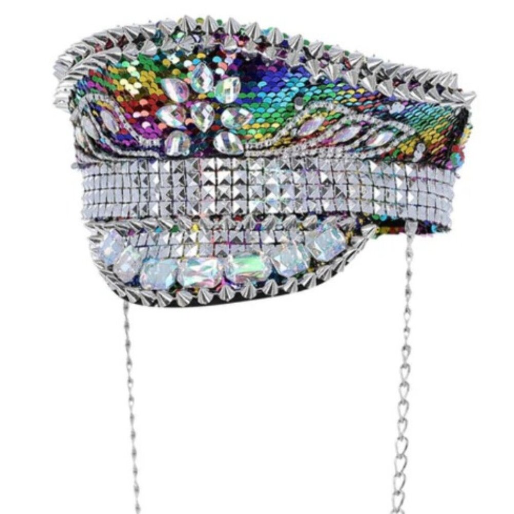 Fever Deluxe Sequin Studded Captains Hat, Rainbow